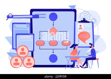 HR manager with employee at interview and business flow chart. Employee assessment software, HR company system, employee check programme concept. Pink Stock Vector
