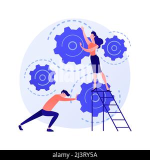 Software installation. Contract adjustment, agreement terms regulation, program fix. Coworkers holding gears cartoon character. Application bugs. Vect Stock Vector
