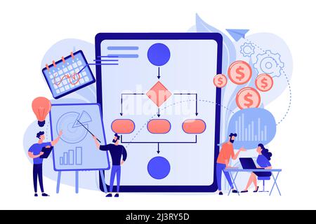 Businessmen work with improvement diagrams and charts. Business process management, business process visualization, IT business analysis concept. Pink Stock Vector