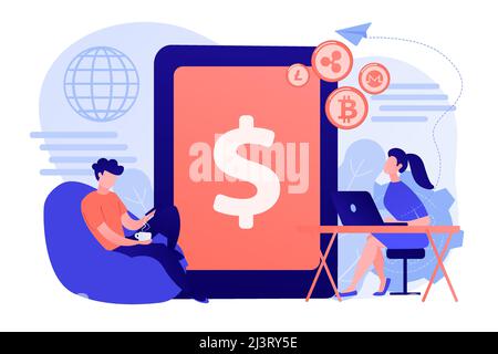 Businessman and woman transfer money with gadgets. Digital currency, cryptocurrency market, e-money transfer and digital money turnover concept. Pink Stock Vector