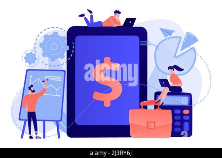 Accountants work with financial transactions software and tablet. Enterprise accounting, IT accounting system, smart enterprise tools concept. Pink co Stock Vector