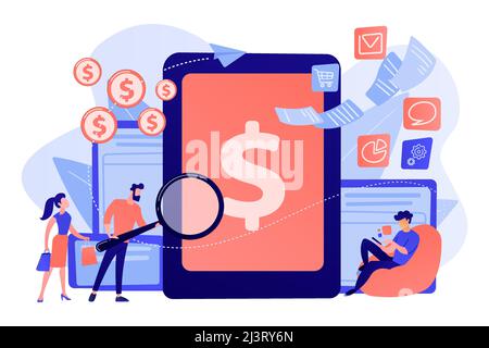 Clients with magnifier get e-invoicing and pay bills online. E-invoicing service, electronic invoicing, e-billing system and e-economy tools concept. Stock Vector