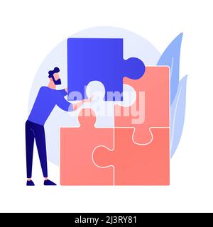 Problem solving. Creative decision, difficult task, lateral thinking. Man assembling puzzle cartoon character. Right choice, missing item. Vector isol Stock Vector