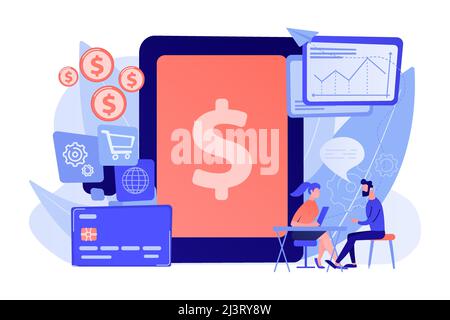 Tablet, bank card and manager using banking software for transactions. Core banking IT system, banking software, IT service concept. Pink coral blue v Stock Vector