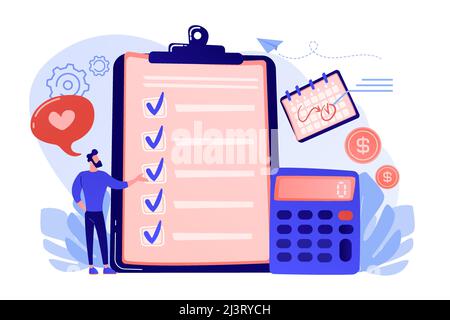 Financial analyst planning at checklist on clipboard, calculator and calendar. Budget planning, balanced budget, company budget management concept. Pi Stock Vector