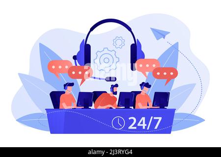 Customer service operators with headsets at computers consulting clients 24 for 7. Call center, handling call system, virtual call center concept. Pin Stock Vector