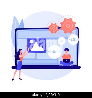 Css and HTML programming languages. Computer programming , coding, IT. Female programmer cartoon character. Software, website development. Vector isol Stock Vector