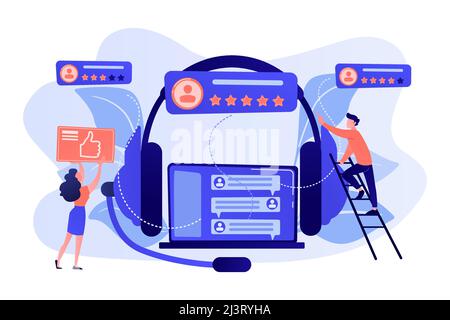 End user with magnifier finding information in laptop with headset. Customer self-service, e-support system, electronic customer support concept. Pink Stock Vector