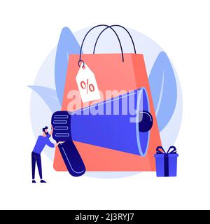 Discount advertising. Shopping event promotion, mobile market, customer attraction. Smm manager cartoon character. Adman working with computer. Vector Stock Vector