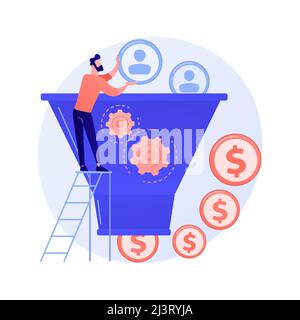 Manager working with target audience cartoon character. Marketing process, client conversion, website visitors. Lead generation, customer attraction. Stock Vector