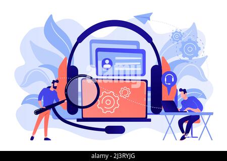 End user with magnifier finding information in laptop with headset. Customer self-service, e-support system, electronic customer support concept. Pink Stock Vector