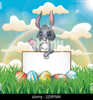 Cartoon bunny holding blank sign on the field Stock Vector