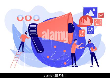 Marketing specialist with loudspeaker influence businessmen and globe. Macromarketing, social influence, global marketing strategy concept. Pink coral Stock Vector