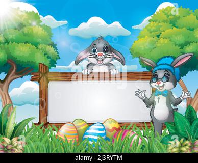 Two cute rabbits near the blank sign and easter eggs Stock Vector