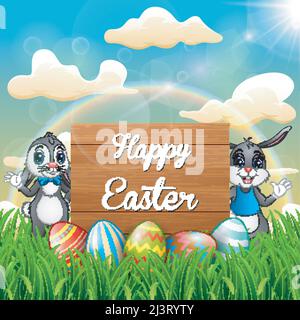 Cartoon Easter Bunny with Easter eggs next to a wooden sign Stock Vector