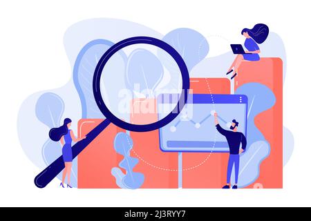 Marketers with magnifier research marketing opportunities chart. Marketing research, marketing analysis, market opportunities and problems concept. Pi Stock Vector