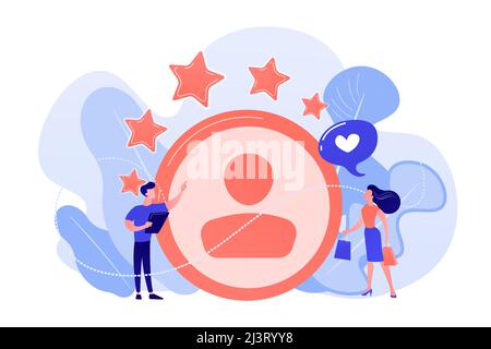 Marketer measuring customer satisfaction and rating stars. Satisfaction and loyalty analysis, customer retention increasing, marketing tools concept. Stock Vector