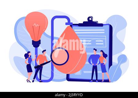Consumers with magnifier testing new product properties. Product testing, customer needs identification, market research studies concept. Pink coral b Stock Vector