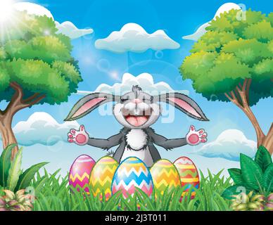 Cartoon rabbit laughing with five decorated easter eggs in the park Stock Vector