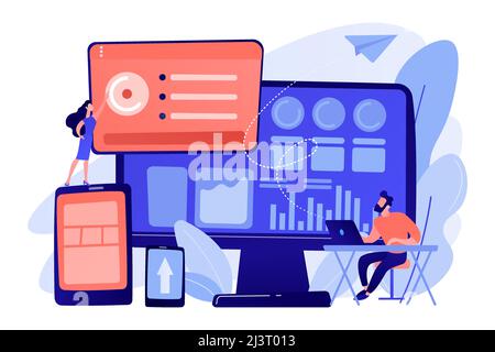 IT managers integrate technologies into business operations. Enterprise IT management, IT software solutions, enterprise architecture concept. Pink co Stock Vector
