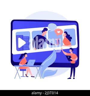 Online courses. Colorful cartoon characters watching video tutorial, business seminar. Elearning, webinar, online learning. Remote studying. Vector is Stock Vector