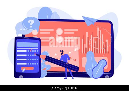 Businessman completing online survey form on smartphone screen. Online survey, internet questionnaire form, marketing research tool concept. Pink cora Stock Vector