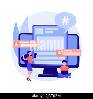 Microblogging platform user. Social media communication, bloggers tool, sharing short messages. Microblogger post sharing, commenting, discussion. Vec Stock Vector