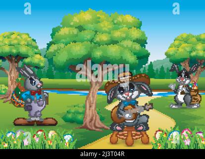 Easter bunnies and easter egg on the nature Stock Vector
