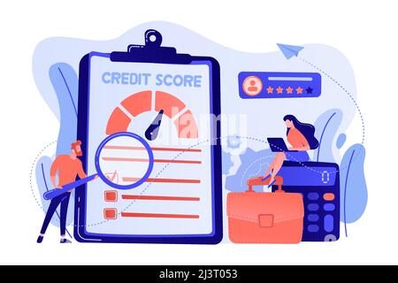 Tiny people analysts evaluating ability of prospective debtor to pay the debt. Credit rating, credit risk control, credit rating agency concept. Pink Stock Vector