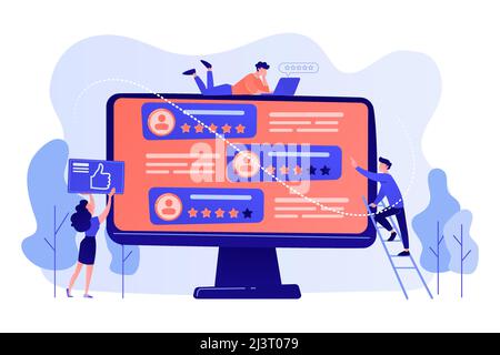 Tiny business people using rating site to vote on people on computer screen. Rating site, professional rank site, content rating page concept. Pink co Stock Vector