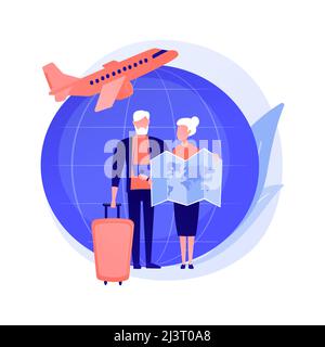 Retired people travel. Pensioners vacation, elderly couple trip, old age active lifestyle. Senile spouses planning journey route, choosing destination Stock Vector