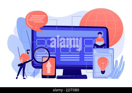 Tiny people developers at computer working on core system. Core system development, all in one software solution, core system modernization concept. P Stock Vector