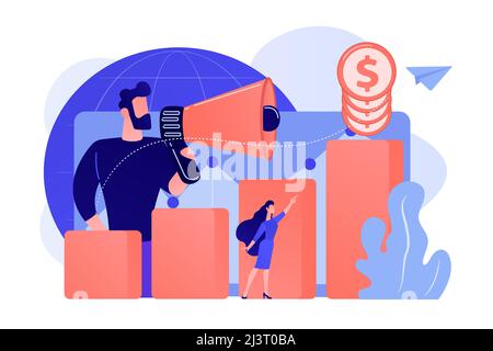 Economist with megaphone, economic growth column and market productivity chart. Economic development, world economy ranking, market economy concept. P Stock Vector