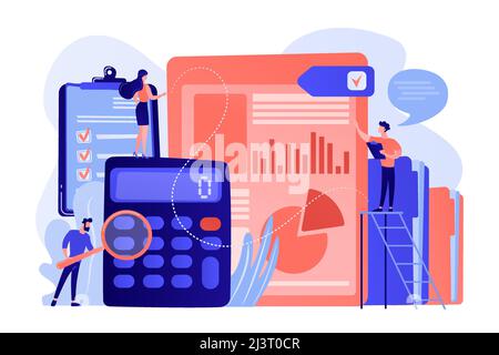 Tiny people auditors, accountant with magnifier during examination of financial report. Audit service, financial audit, consulting service concept. Pi Stock Vector