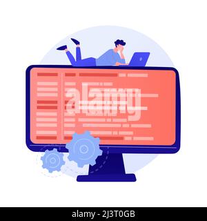 Online database, cloud disk. Data storage, information base, computer application. PC user, operator cartoon character. Information on monitor screen. Stock Vector