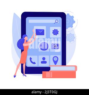 Mobile application development. UI layout, phone software, responsive cellphone apps engineering. Web developer creating smartphone user interface des Stock Vector