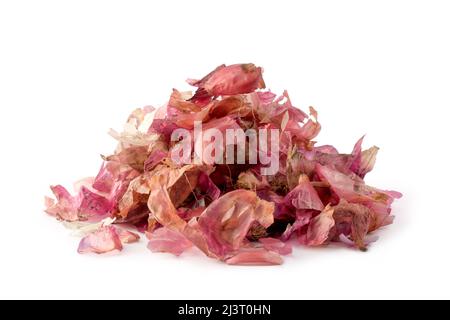 pile of onion peel, vegetable skin isolated on white background, food waste used as natural fertilizer, kitchen waste management concept Stock Photo