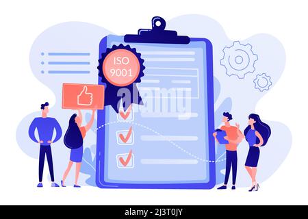 Tiny business people like standard for quality control. Standard for quality control, ISO 9001 standard, international certification concept. Pink cor Stock Vector