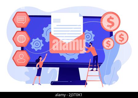 Cusromer receiving automated marketing message, tiny people. Marketing automation system, automated advertise message, marketing dashboard concept. Pi Stock Vector