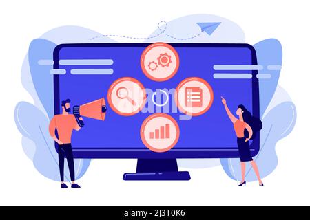 Tiny people managers plan and analyse campaign. Marketing campaign management, marketing strategy execution, campaign efficiency control concept. Pink Stock Vector