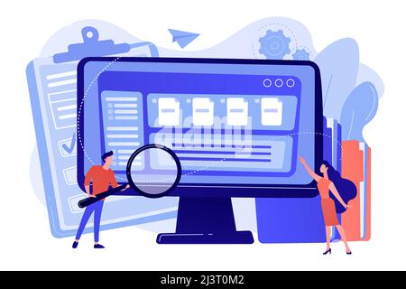 Tiny business people with magnifier work with document management on computer. Document management soft, document flow app, compound docs concept. Pin Stock Vector