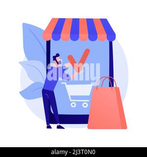 Shopping mobile app, online store service. Smartphone application, internet purchase, making order. Customer cartoon character. Adding product to cart Stock Vector