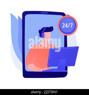 All-day support, round-the-clock assistance, 24 hours call centre. Subscriber help, aid service. Telephone calls and messages operator cartoon charact Stock Vector