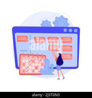 Scheduling, planning, setting goals. Schedule, timing, workflow optimization, taking note of assignment. Businesswoman with timetable cartoon characte Stock Vector