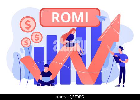 Marketing investment effectiveness chart, tiny people. Marketing investment, return on marketing investment, advertising funds returns concept. Pink c Stock Vector