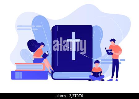 Tiny people christians reading the Holy Bible and learning about Christ. Holy Bible, sacred holy book, the word of God concept. Pinkish coral bluevect Stock Vector