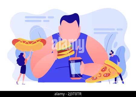 Overweight man eating burger, tiny people giving fast food. Overeating addiction, binge eating disorder, compulsive overeating treatment concept. Pink Stock Vector