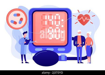 Doctor, elderly couple at tonometer hight blood pressure, tiny people. High blood pressure, hypertension disease, blood pressure control concept. Pink Stock Vector
