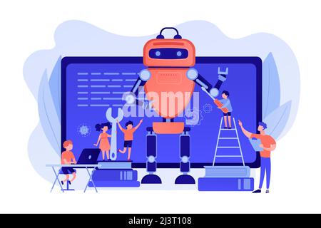 Kids programming and creating robot at class, tiny people. Engineering for kids, learn science activities, early development classes concept. Pinkish Stock Vector