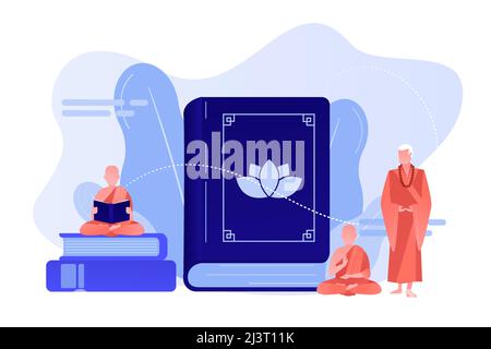 Buddhist monks in orange robes meditating and reading, tiny people. Zen Buddhism, Buddhism place of worship, buddhist holy book concept. Pinkish coral Stock Vector